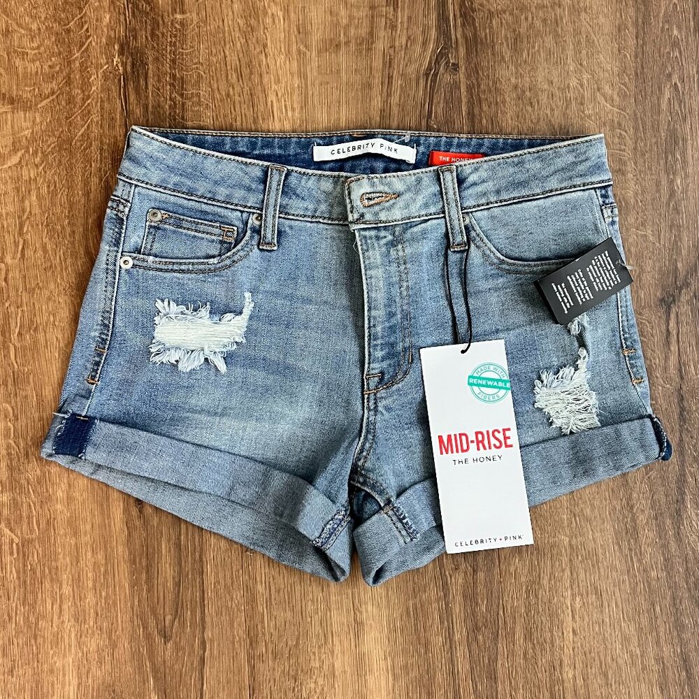 NEW Celebrity Pink Honey Distressed Denim Jean Shorts Rolled Cuff Sz 27